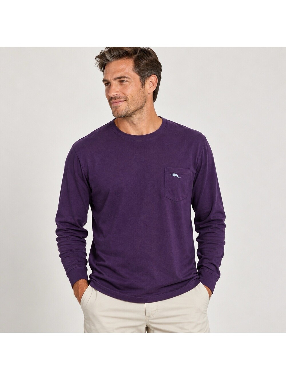 Tommy Bahama Pima Cotton Long Sleeve Shirt Men L Purple Pocket Marlin Coastal